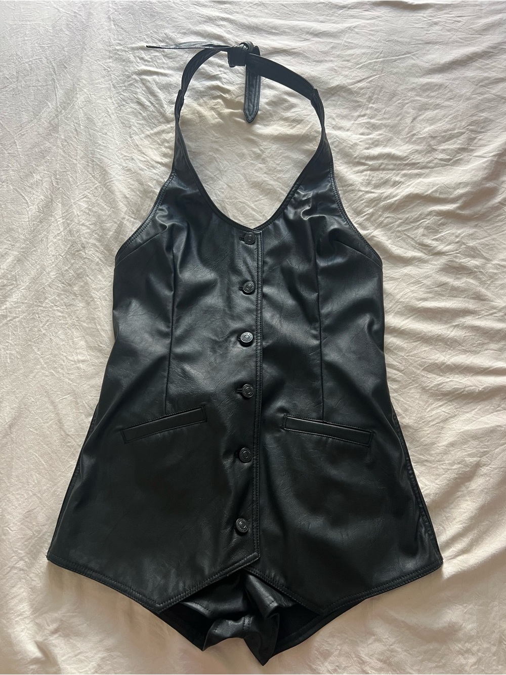 Free People Black Faux Leather Halter Romper